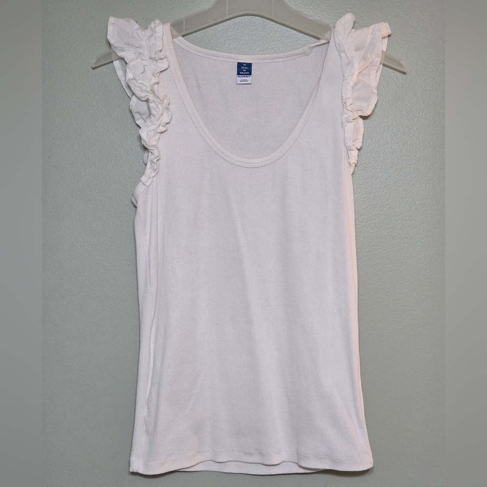 White Ribbed Ruffled Shoulders Tank Top Size M Tall Girl Minimalist Boho-Chic